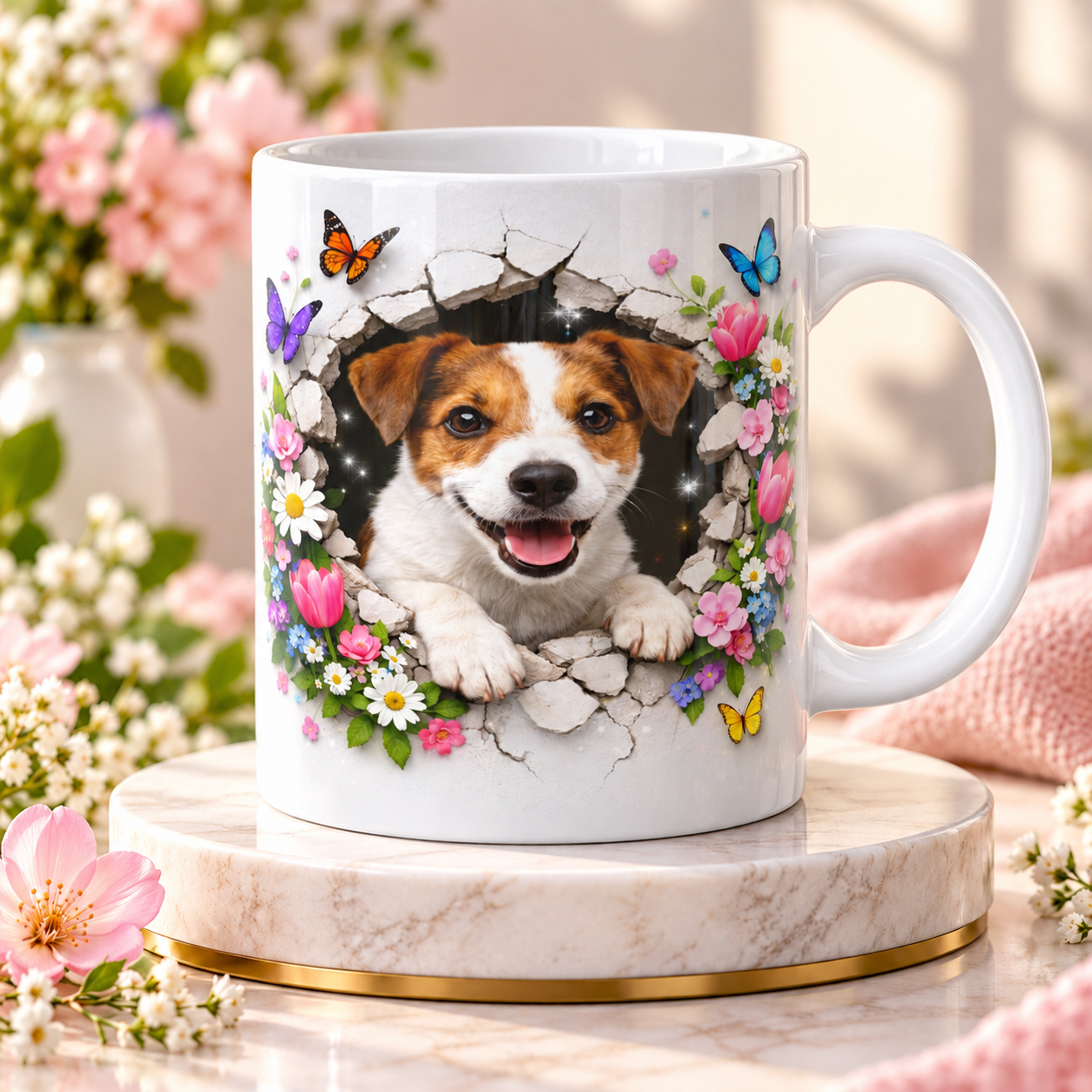 Keramický hrnek „Jack Russell teriér v květinové zdi“ – 330 ml